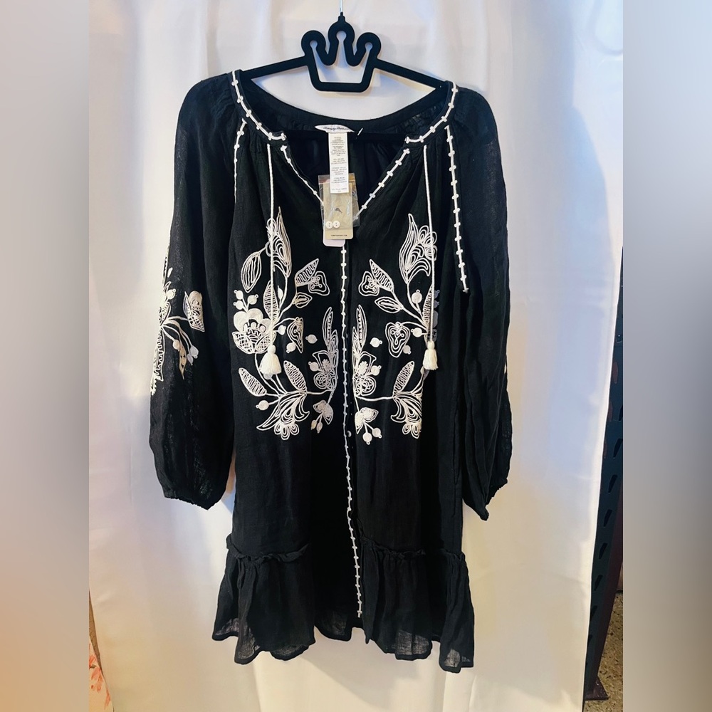 New Tommy Bahama Black Linen Gauze Tunic Coverup Embroidered Dress Size  Small